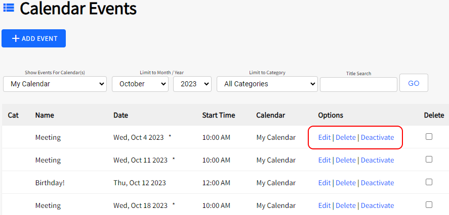 SiteApex List Calendar Events