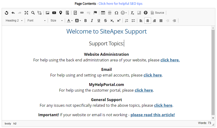 SiteApex Page Content Edit Editor